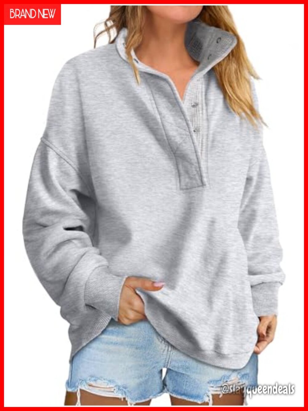Womens Oversized Mock Neck Henley Sweatshirt Pullover